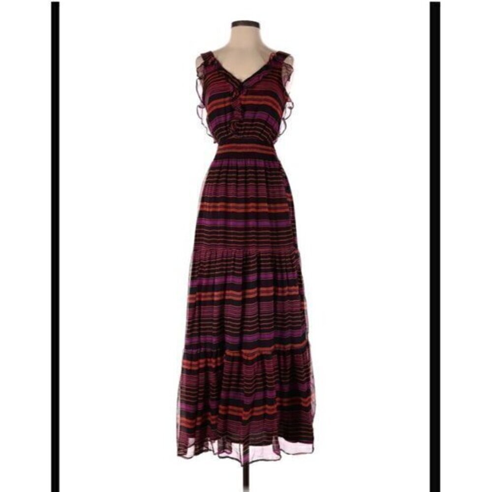 Aryn K V-Neck Sleeveless Striped Maxi Dress Size XS Silk Ruffles Burgundy - Picture 2 of 10